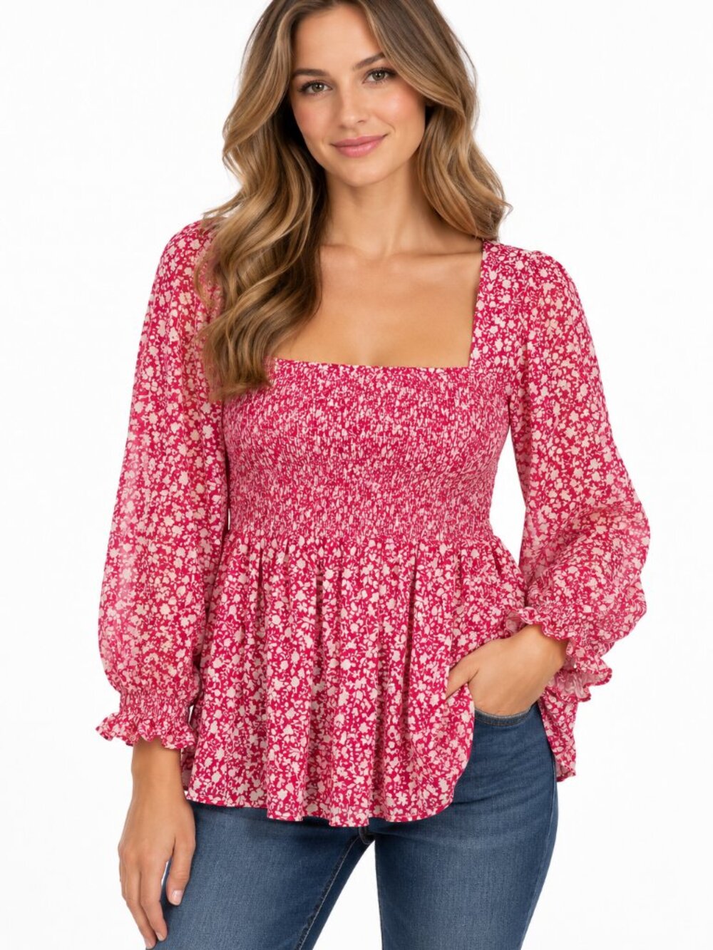 TORRID Babydoll Chiffon Smocked Top Floral Ditsy Print 3/4 Sleeves Size 00/10
